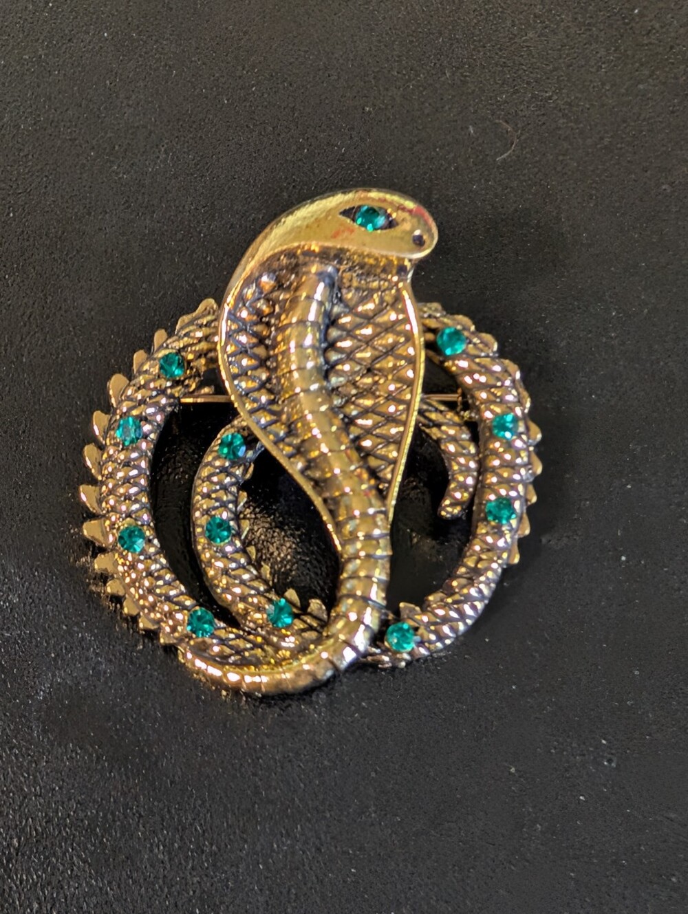 Gold Cobra Reptile Pin with Green Stones